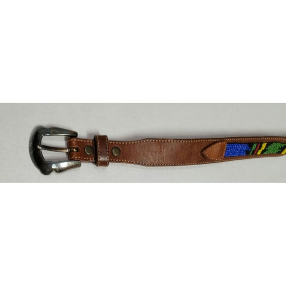 REI Womens Beaded Leather Waist Belt Brown Multicolor Colorful #309025 Size M - Picture 6 of 12
